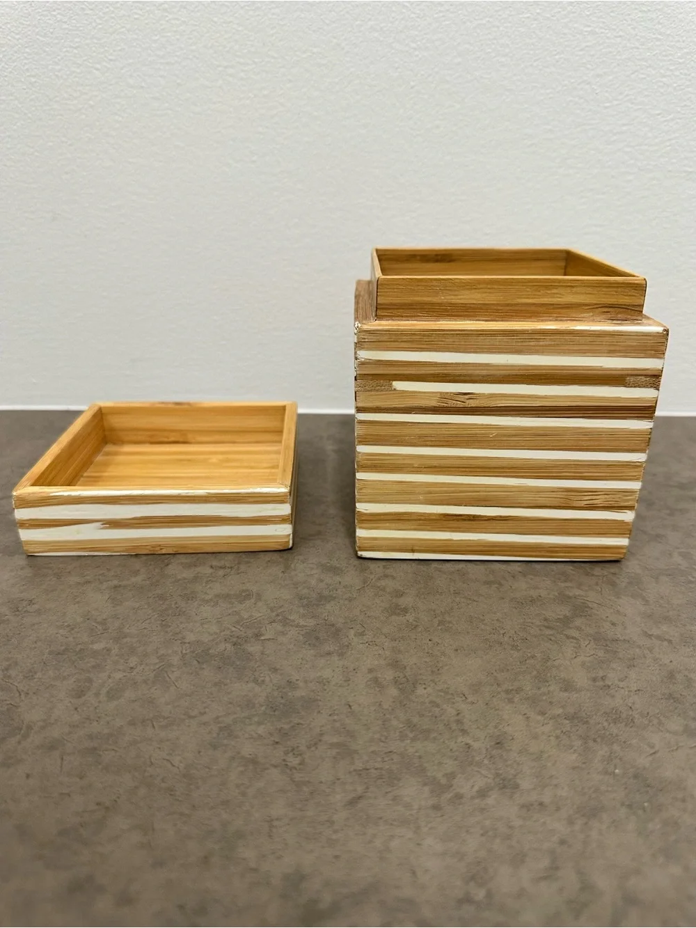 Vintage West Elm Striped Bamboo Wood Square Trinket Box Natural White 4 x 4 4.5”